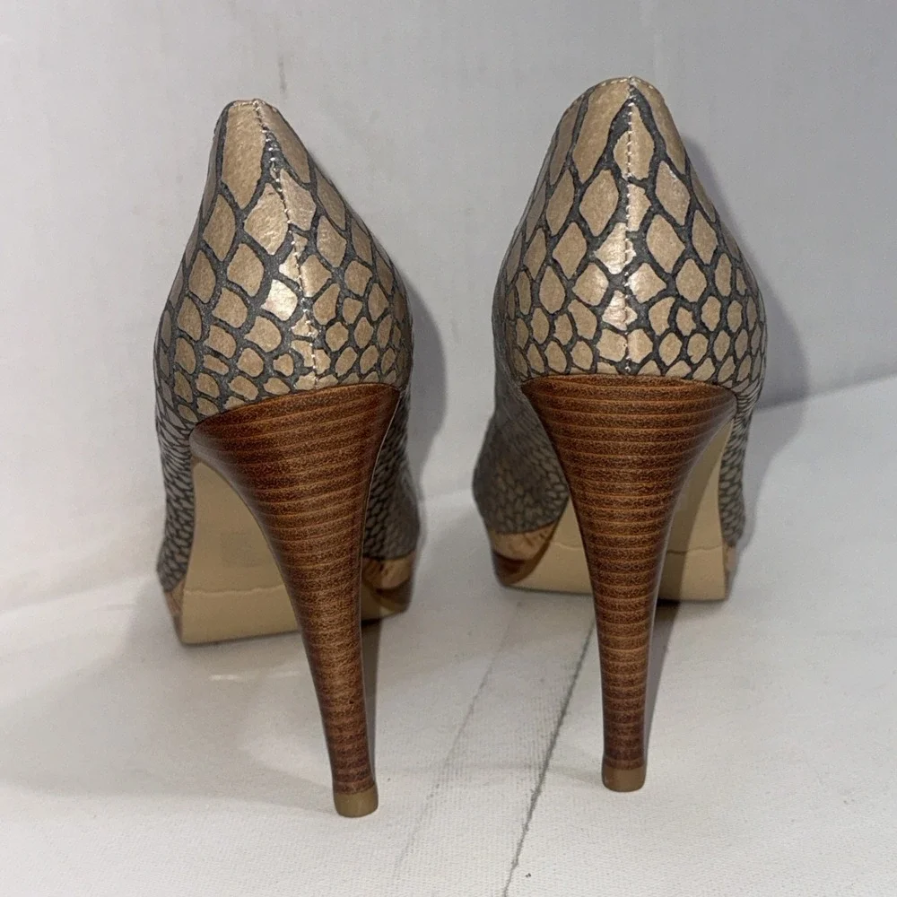 Moda Peep Toe Snakeskin Taupe Stiletto Bow Wedge Platform Pumps‎ Heels 8.5 M